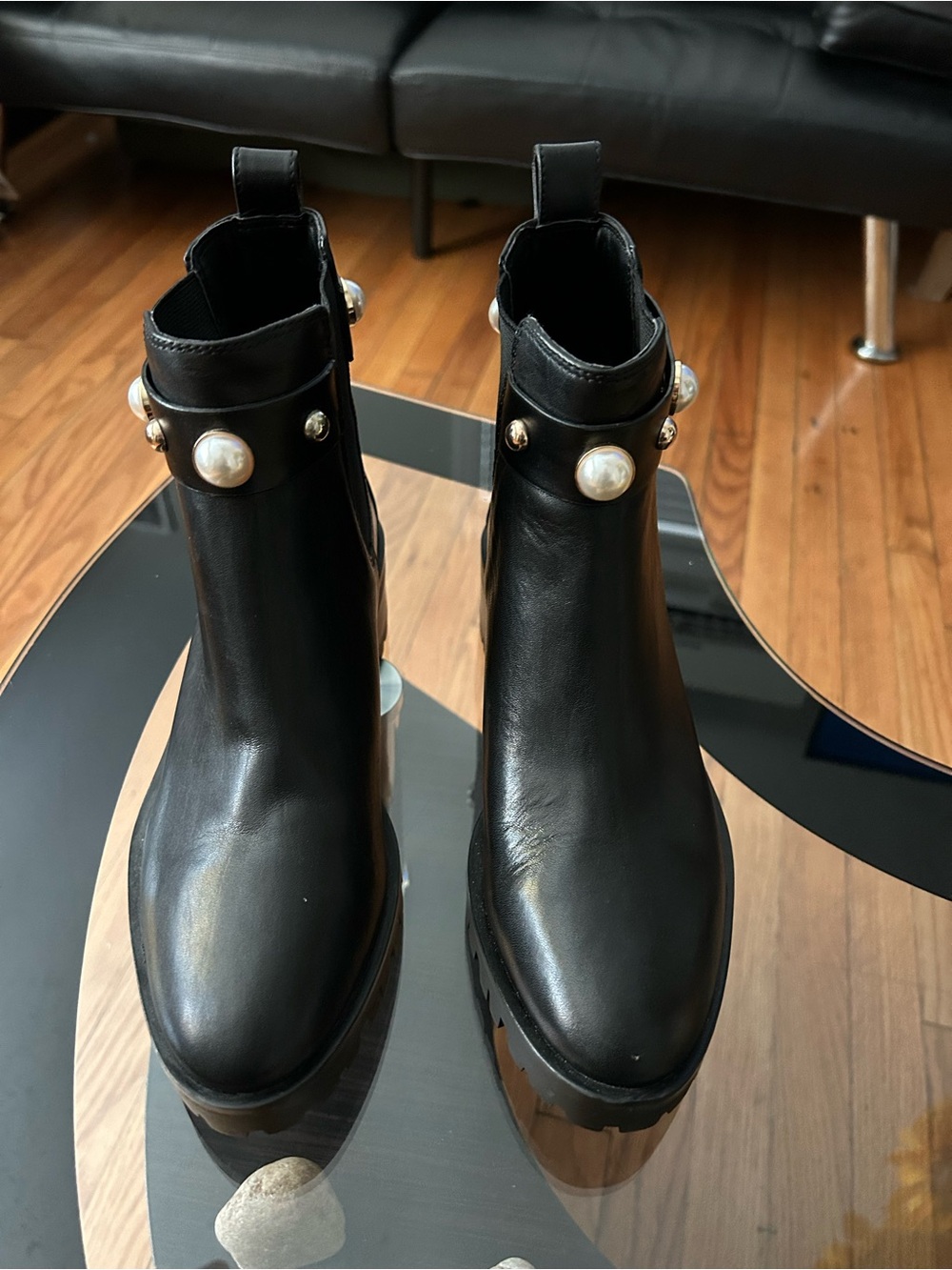 Karl Lagerfeld Black Pearl-Studded Leather Ankle Boots